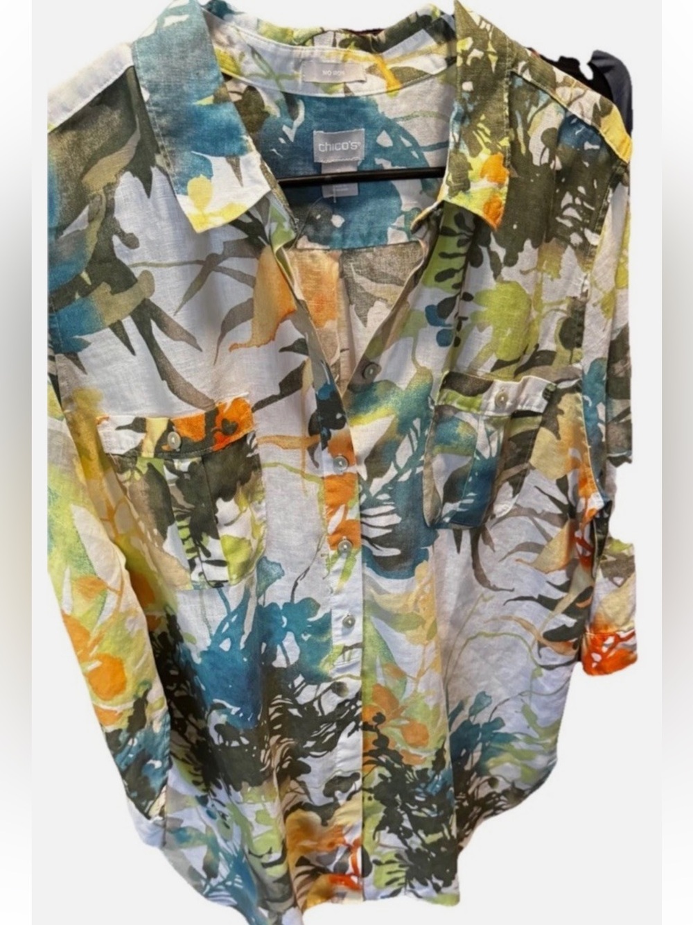 Chico's Women's XL Multicolor Floral
Linen Woven Collared 3/4 Sleeve Button-Up